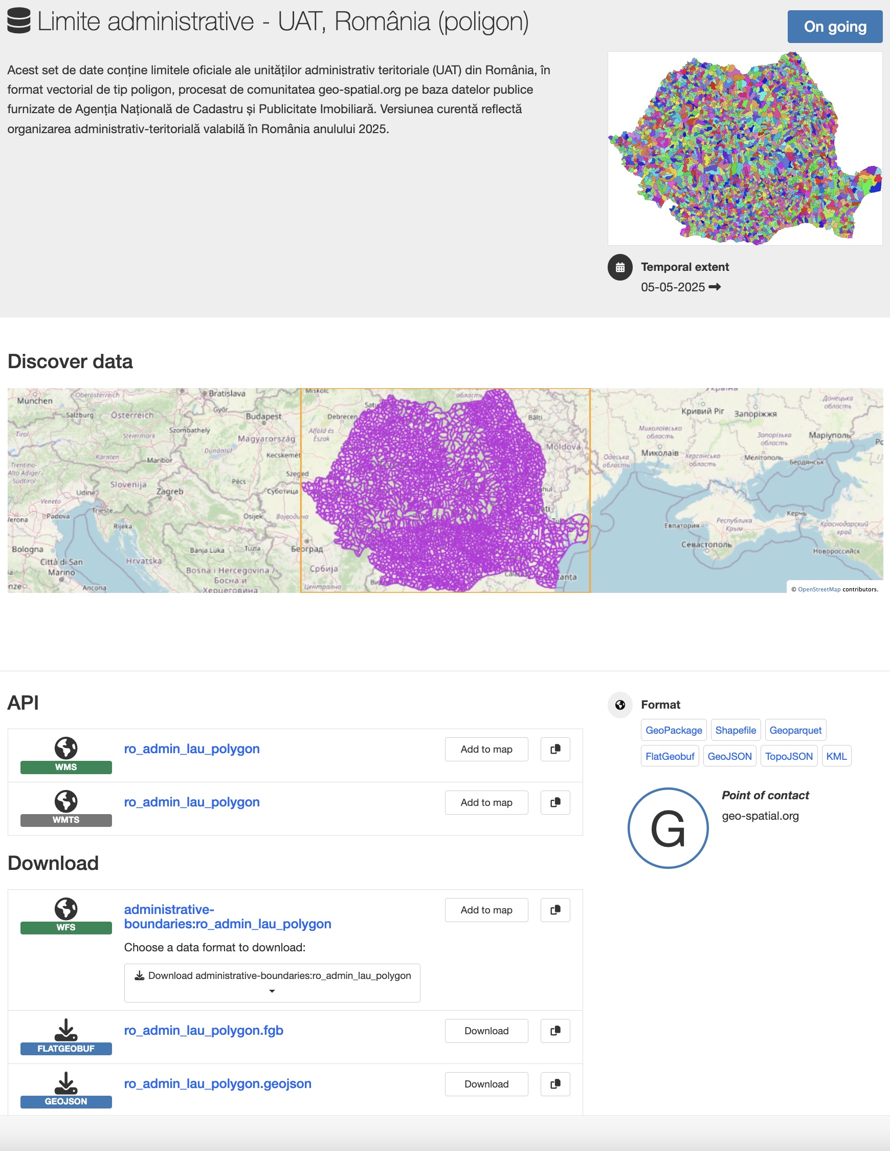 Exemplu de fișă de metadate din Catalogul GeoNetwork.