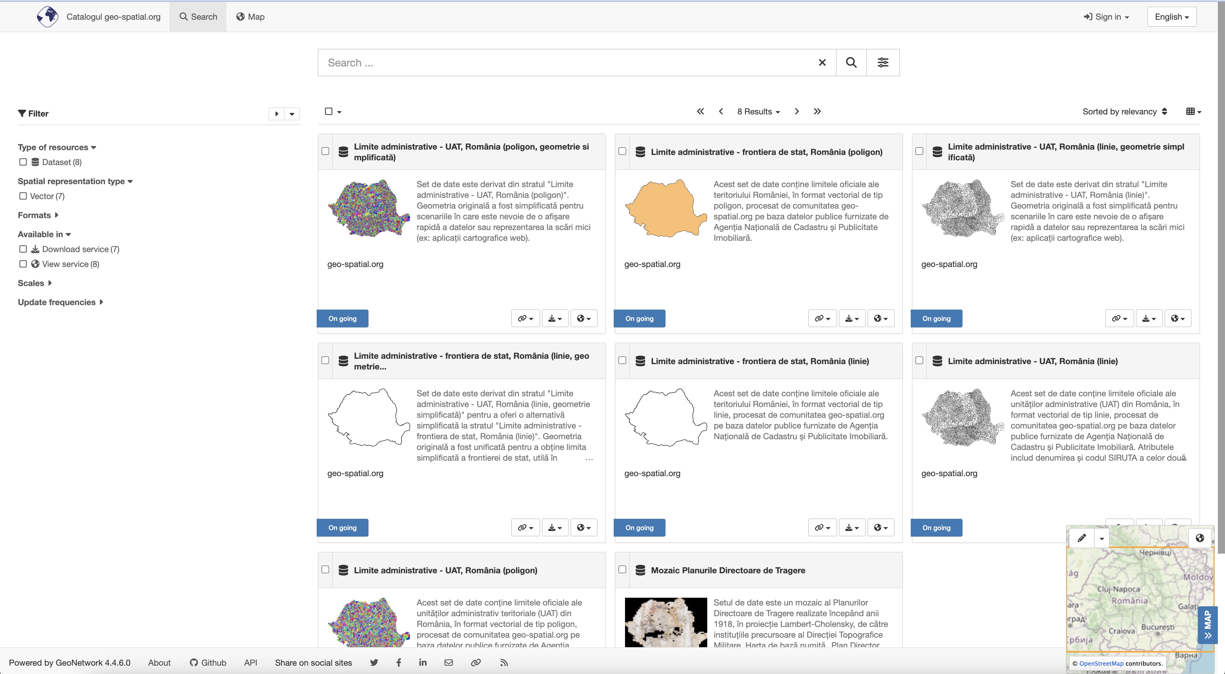 Interfața grafică de căutarea a datelor în Catalogul GeoNetwork
