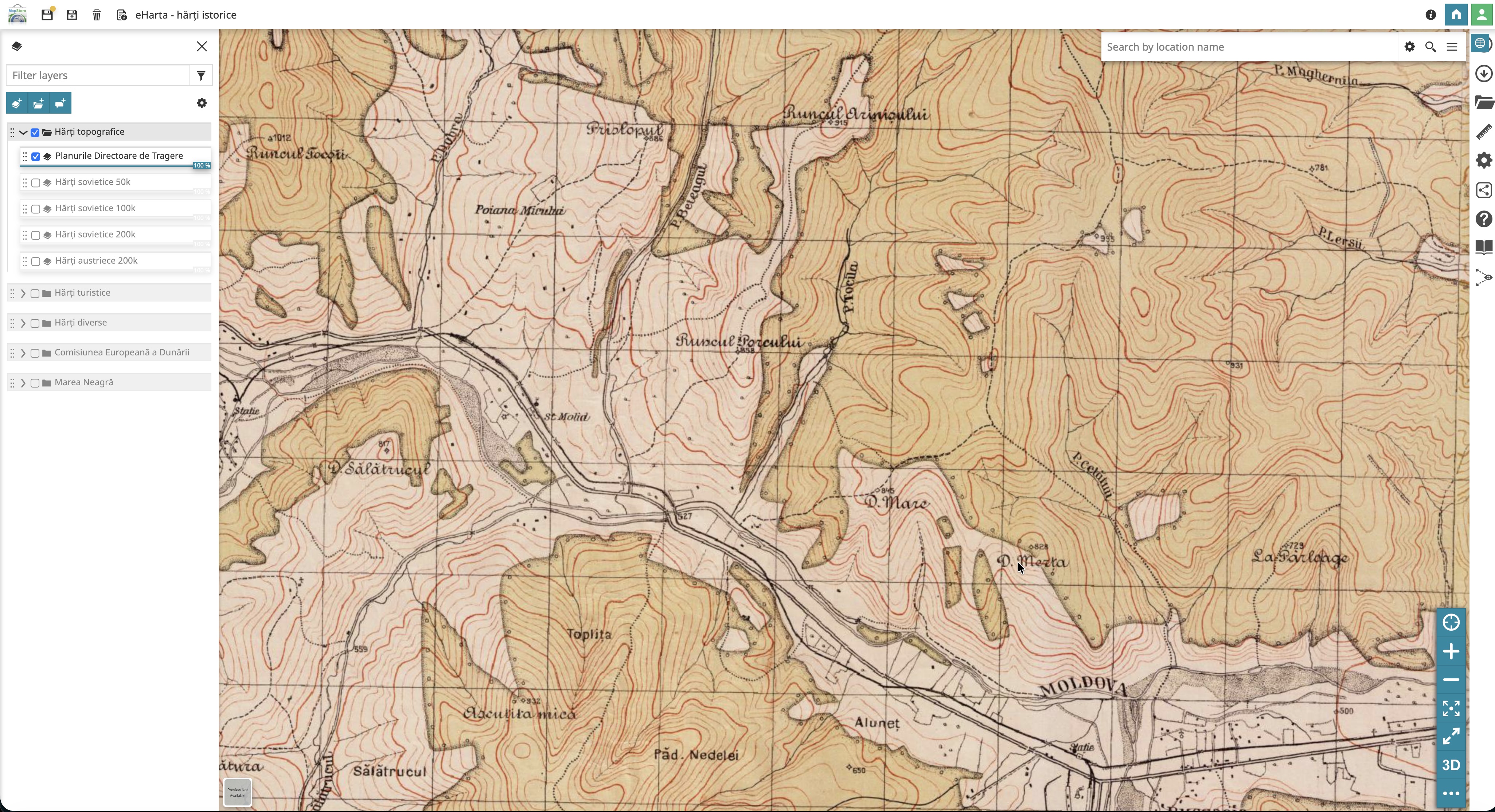 Captură de ecran: interfață grafică aplicație cartografică interactivă web