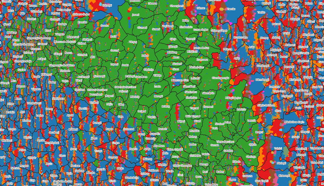 Exemplu: distribuția voturilor în poligoanele la nivel de procente în zona Harghita/Covasna