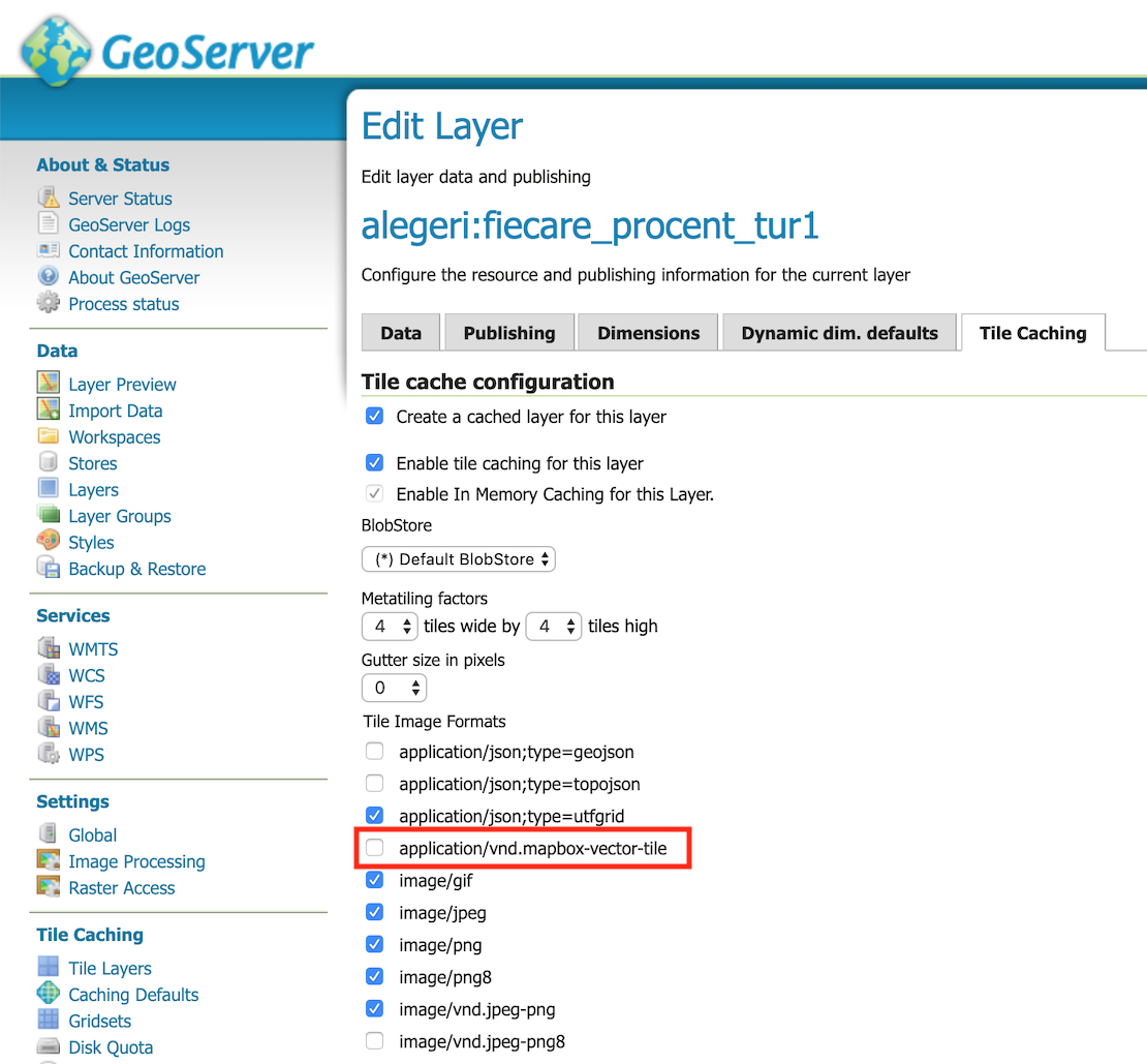 Setările implicite din GeoServer cu privire la livrarea datelor în format application/vnd.mapbox-vector-tile