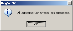 Confirmarea înregistrării librăriei vtocx.ocx