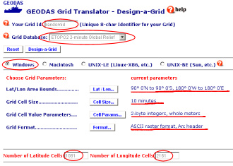 Interfața Geodas pentru crearea unui grid ETOPO2 particularizat