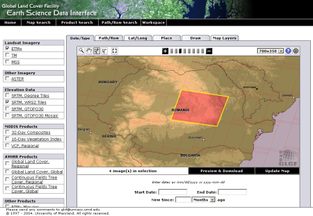 Interfața Mapserver de căutare a datelor pe site-ul GLCF